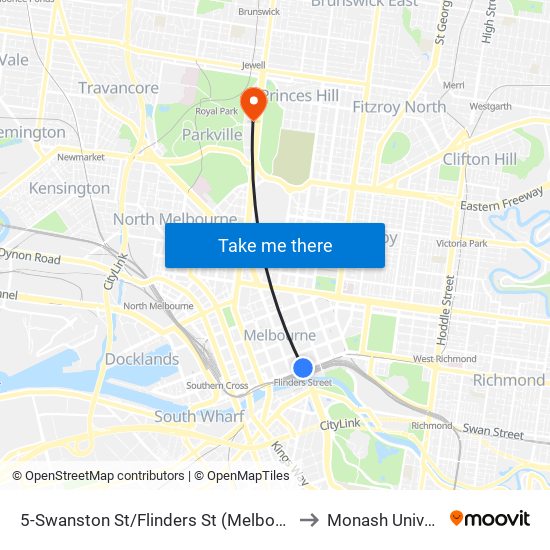 5-Swanston St/Flinders St (Melbourne City) to Monash University map