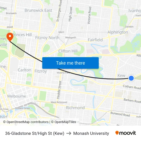 Gladstone St/High St #36 to Monash University map