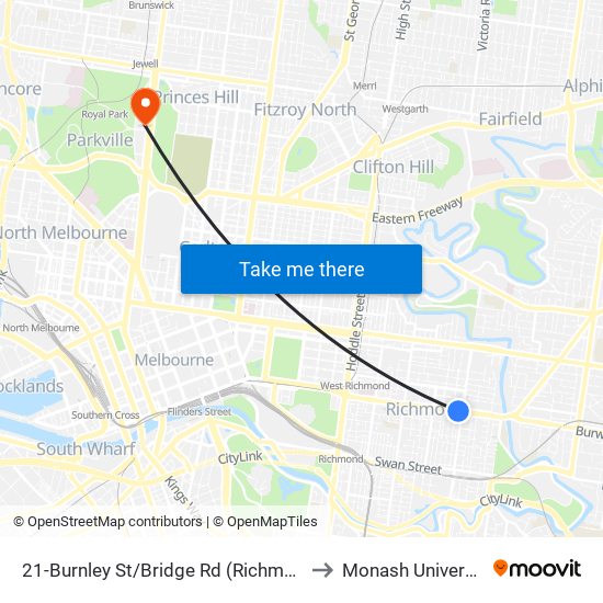 21-Burnley St/Bridge Rd (Richmond) to Monash University map