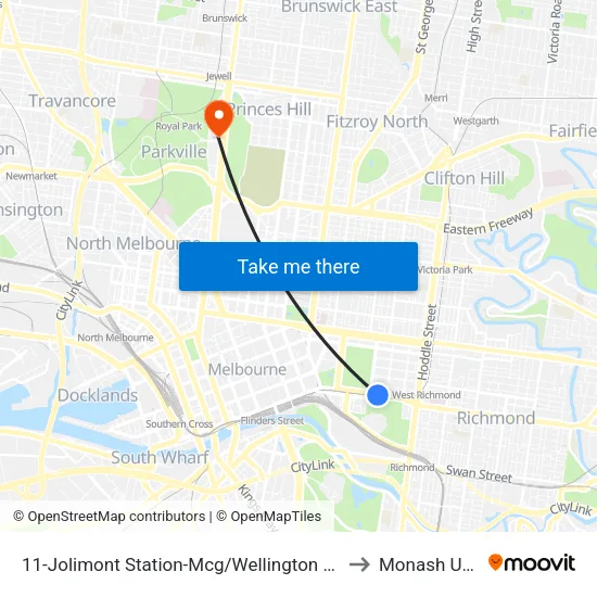 Jolimont Station-Mcg/Wellington Pde #11 to Monash University map