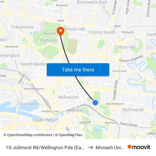 10-Jolimont Rd/Wellington Pde (East Melbourne) to Monash University map