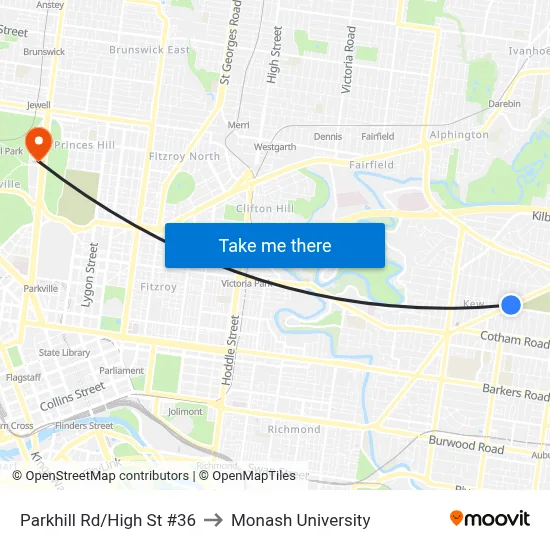 Parkhill Rd/High St #36 to Monash University map