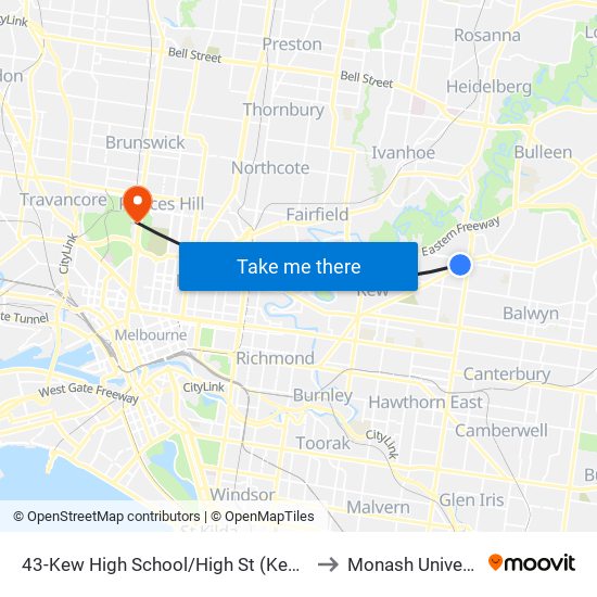 43-Kew High School/High St (Kew East) to Monash University map