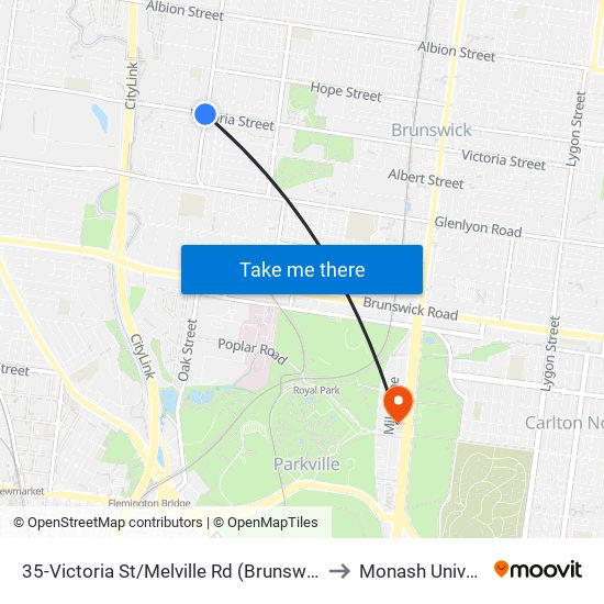 35-Victoria St/Melville Rd (Brunswick West) to Monash University map
