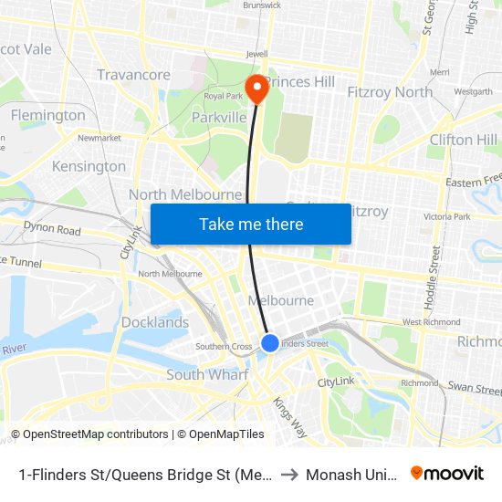 1-Flinders St/Queens Bridge St (Melbourne City) to Monash University map