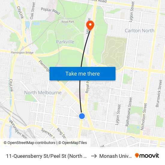 11-Queensberry St/Peel St (North Melbourne) to Monash University map