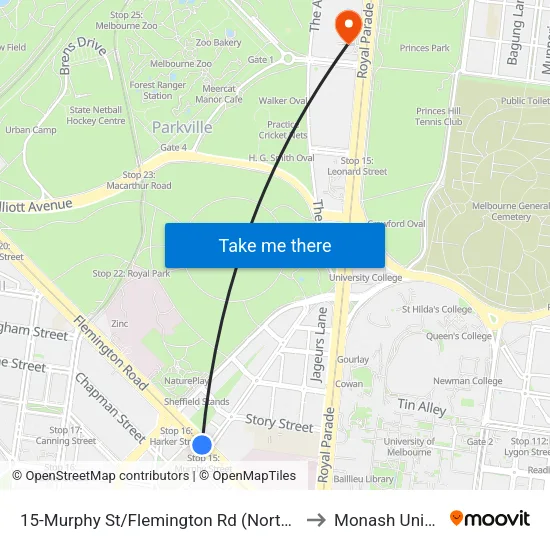 Murphy St/Flemington Rd #15 to Monash University map