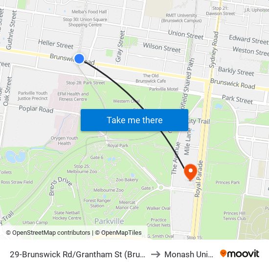 29-Brunswick Rd/Grantham St (Brunswick West) to Monash University map