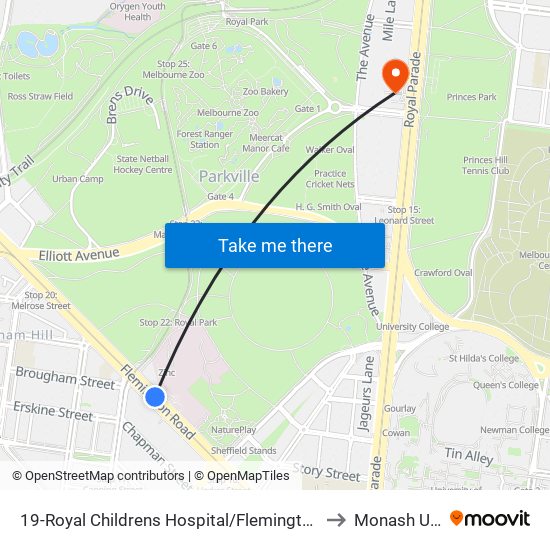 19-Royal Childrens Hospital/Flemington Rd (North Melbourne) to Monash University map