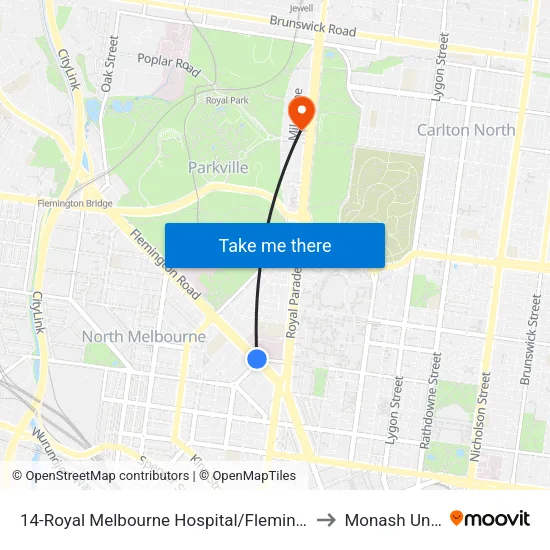 Royal Melbourne Hospital/Flemington Rd #14 to Monash University map