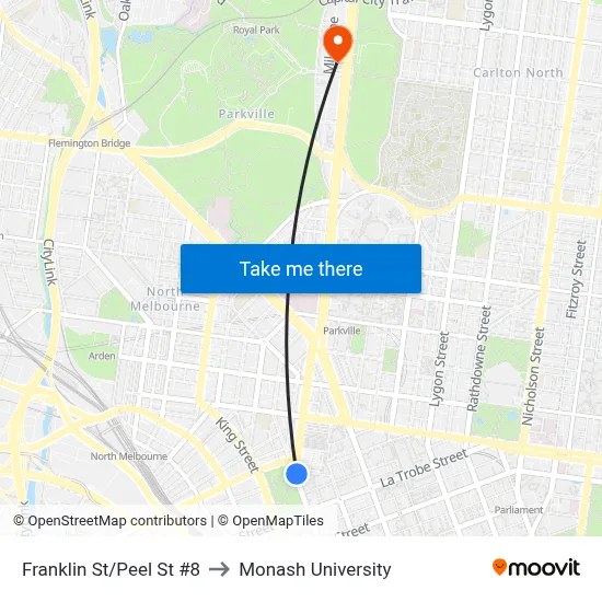 Franklin St/Peel St #8 to Monash University map