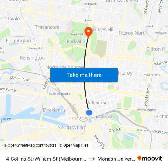 4-Collins St/William St (Melbourne City) to Monash University map