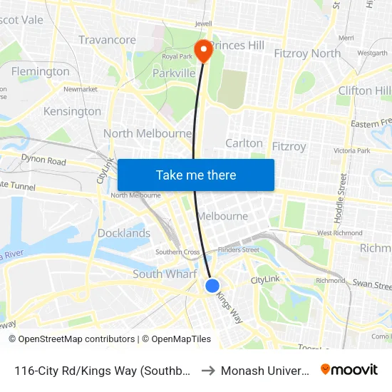 City Rd/Kings Way #116 to Monash University map