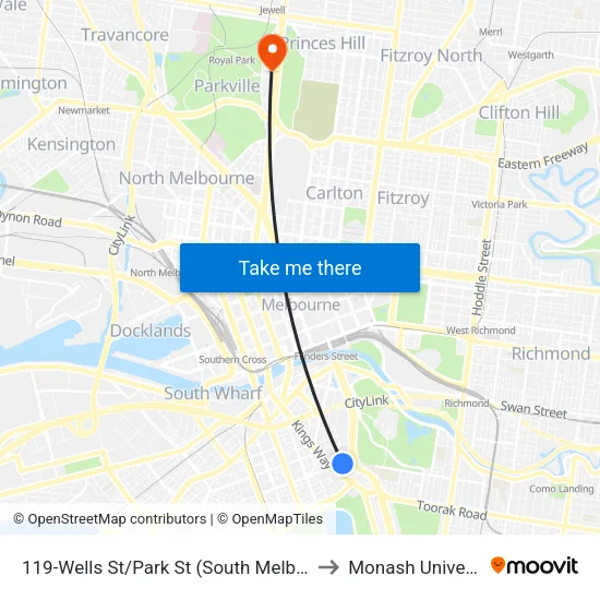 Wells St/Park St #119 to Monash University map