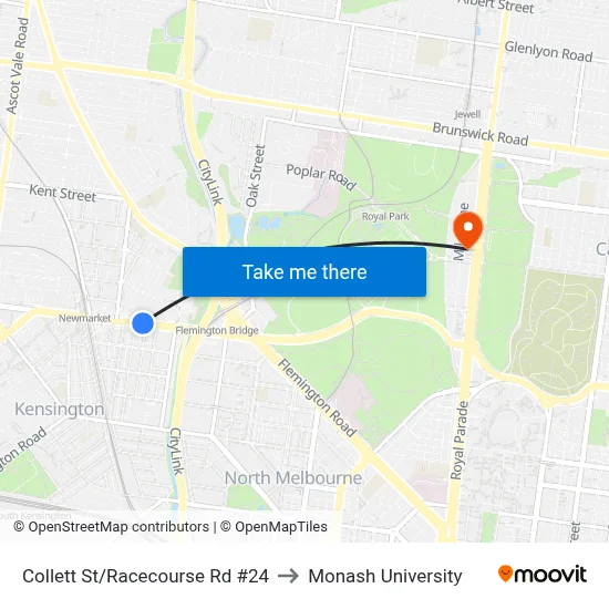 Collett St/Racecourse Rd #24 to Monash University map