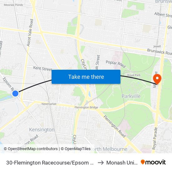 30-Flemington Racecourse/Epsom Rd (Flemington) to Monash University map