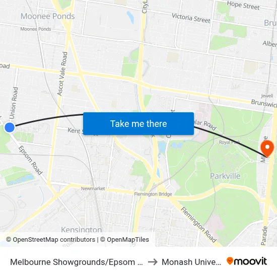 Melbourne Showgrounds/Epsom Rd #33 to Monash University map