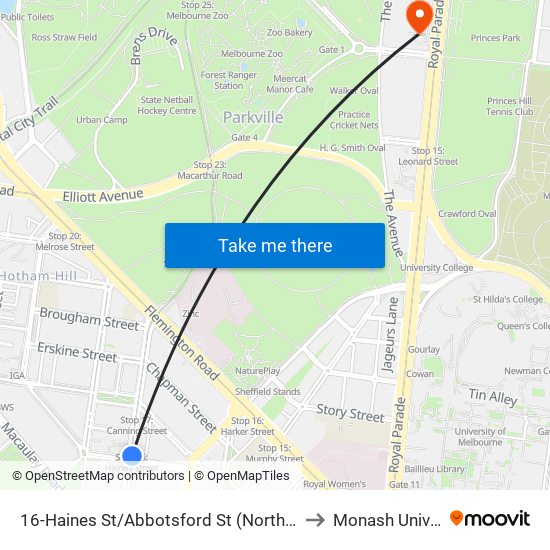 16-Haines St/Abbotsford St (North Melbourne) to Monash University map