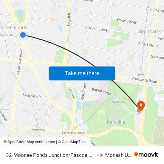 32-Moonee Ponds Junction/Pascoe Vale Rd (Moonee Ponds) to Monash University map