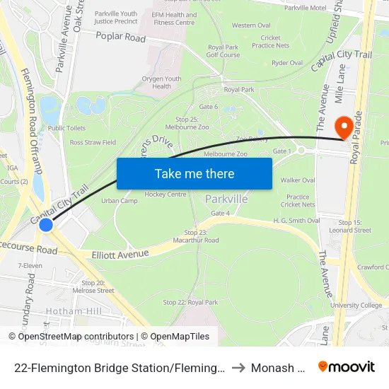 Flemington Bridge Station/Flemington Rd #22 to Monash University map