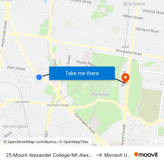 Mount Alexander College/Mt Alexander Rd #25 to Monash University map
