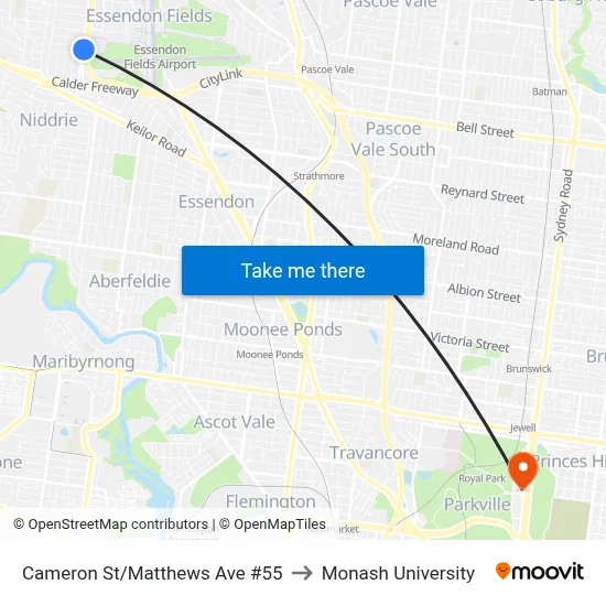 Cameron St/Matthews Ave #55 to Monash University map