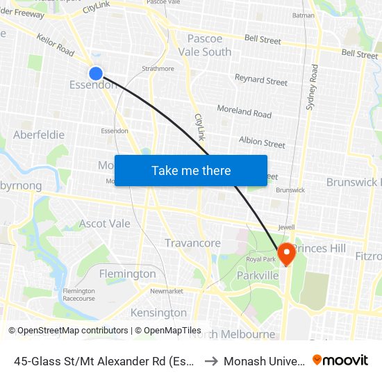 45-Glass St/Mt Alexander Rd (Essendon) to Monash University map