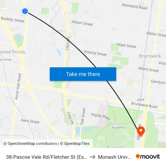 Pascoe Vale Rd/Fletcher St #38 to Monash University map
