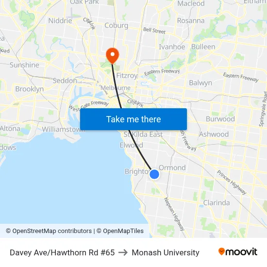 Davey Ave/Hawthorn Rd #65 to Monash University map
