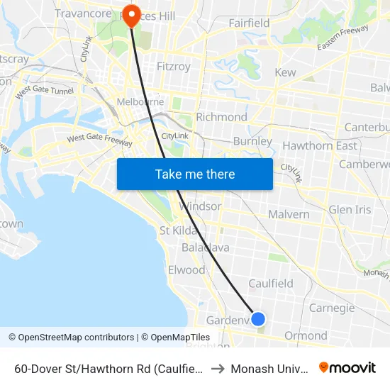 Dover St/Hawthorn Rd #60 to Monash University map