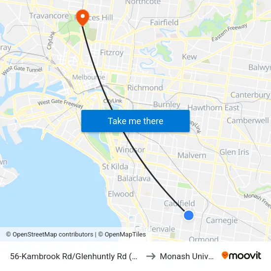 Kambrook Rd/Glenhuntly Rd #56 to Monash University map