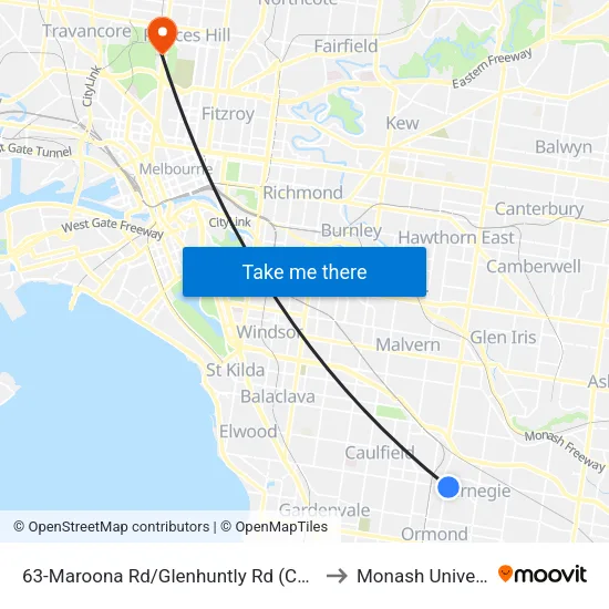 Maroona Rd/Glenhuntly Rd #63 to Monash University map