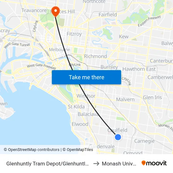 Glenhuntly Tram Depot/Glenhuntly Rd #53 to Monash University map