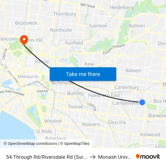Through Rd/Riversdale Rd #54 to Monash University map