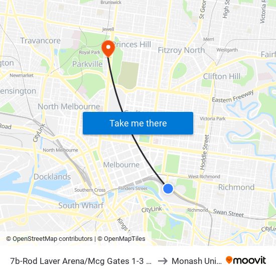 7b-Rod Laver Arena/Mcg Gates 1-3 (Melbourne City) to Monash University map