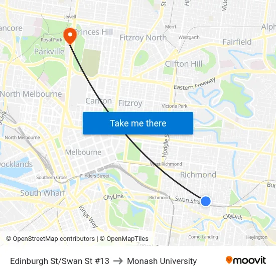 Edinburgh St/Swan St #13 to Monash University map