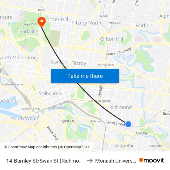 14-Burnley St/Swan St (Richmond) to Monash University map