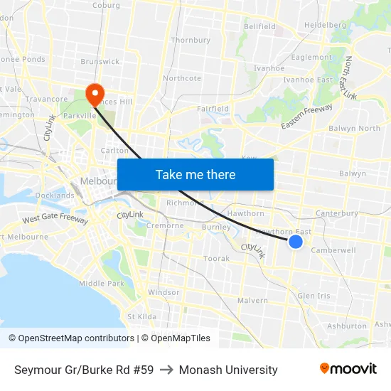 Seymour Gr/Burke Rd #59 to Monash University map