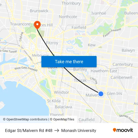 Edgar St/Malvern Rd #48 to Monash University map
