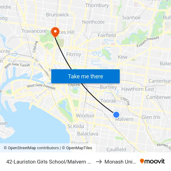 Lauriston Girls School/Malvern Rd #42 to Monash University map