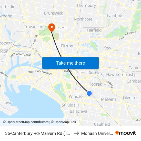 Canterbury Rd/Malvern Rd #36 to Monash University map