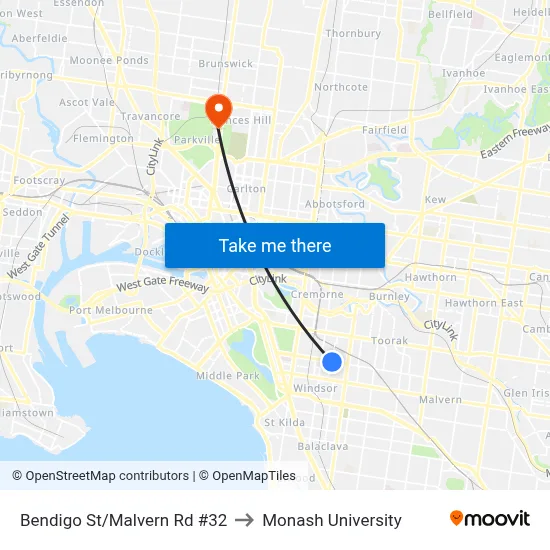 Bendigo St/Malvern Rd #32 to Monash University map
