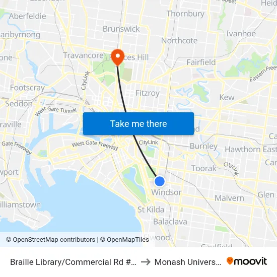 Braille Library/Commercial Rd #28 to Monash University map