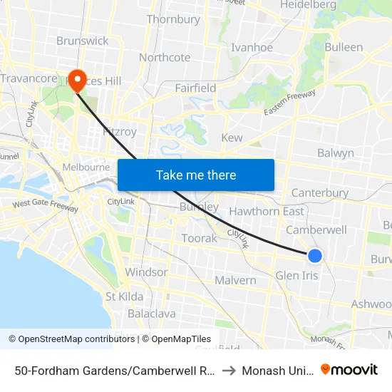 Fordham Gardens/Camberwell Rd #50 to Monash University map