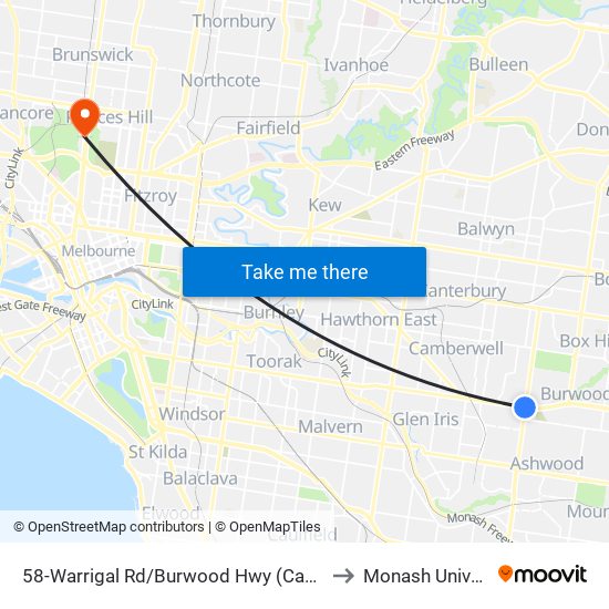 58-Warrigal Rd/Burwood Hwy (Camberwell) to Monash University map