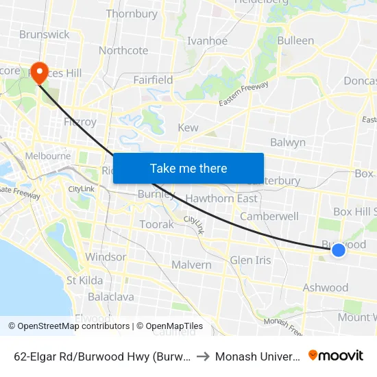 Elgar Rd/Burwood Hwy #62 to Monash University map