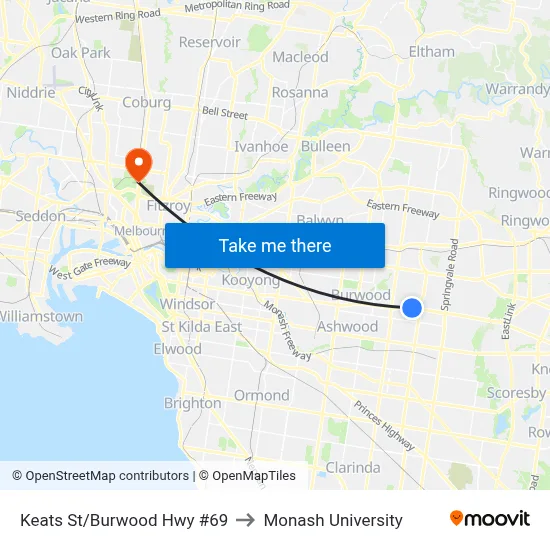 Keats St/Burwood Hwy #69 to Monash University map