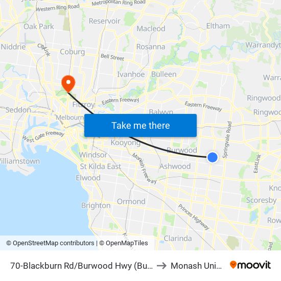 70-Blackburn Rd/Burwood Hwy (Burwood East) to Monash University map