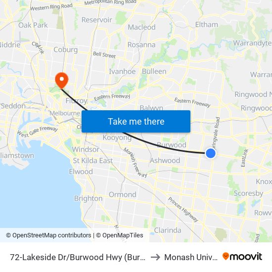 72-Lakeside Dr/Burwood Hwy (Burwood East) to Monash University map