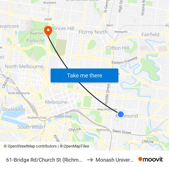 61-Bridge Rd/Church St (Richmond) to Monash University map